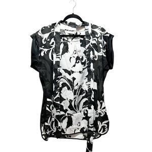 New York & Company Floral Black White Sheer Short Sleeve Tie Waist Blouse Sz L